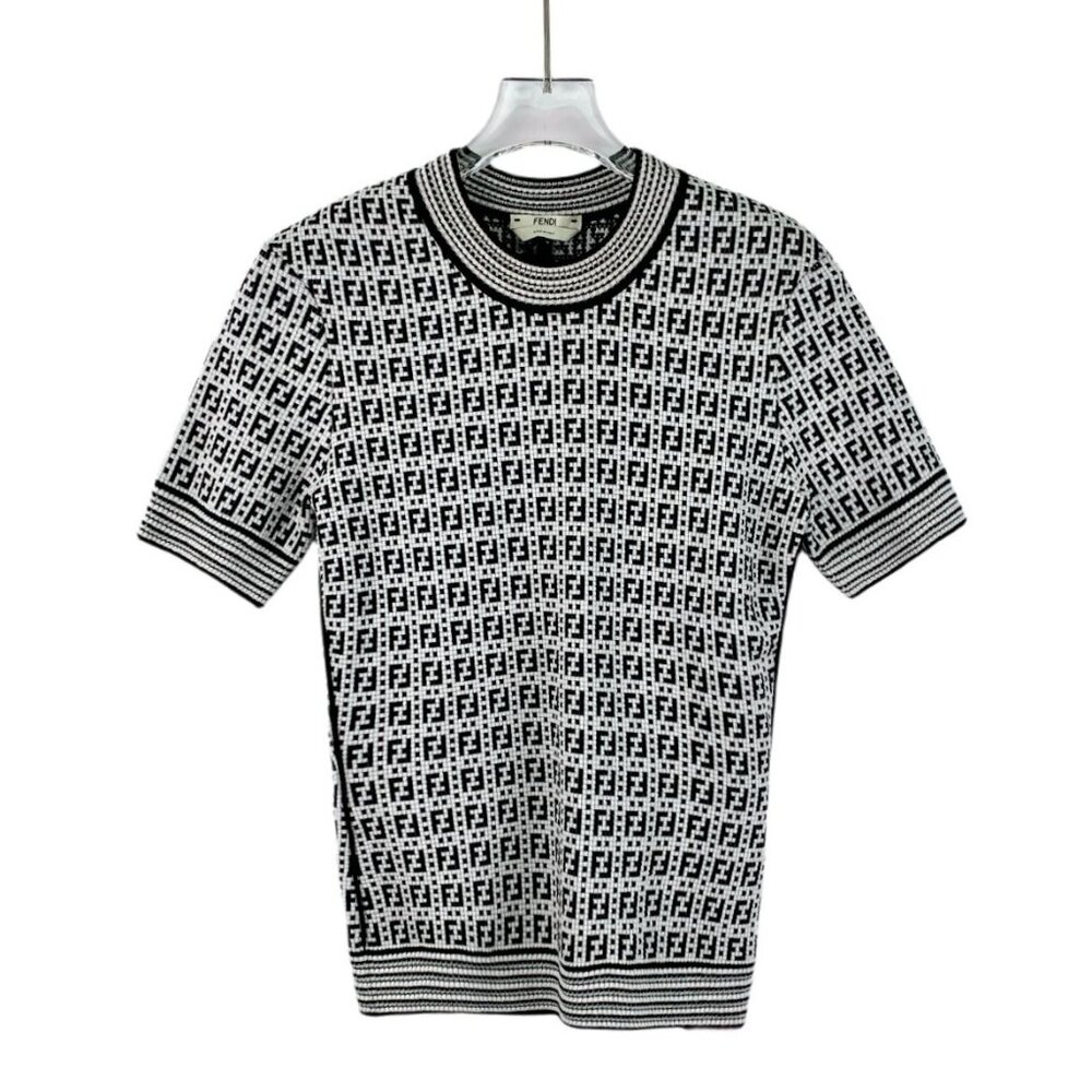 Fendi Womens Black & White Monogram Knit Short-Sleeve Sweater Round Neck S Size